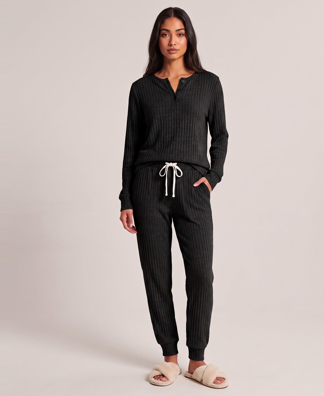 Black ribbed henley lounge set front view on model