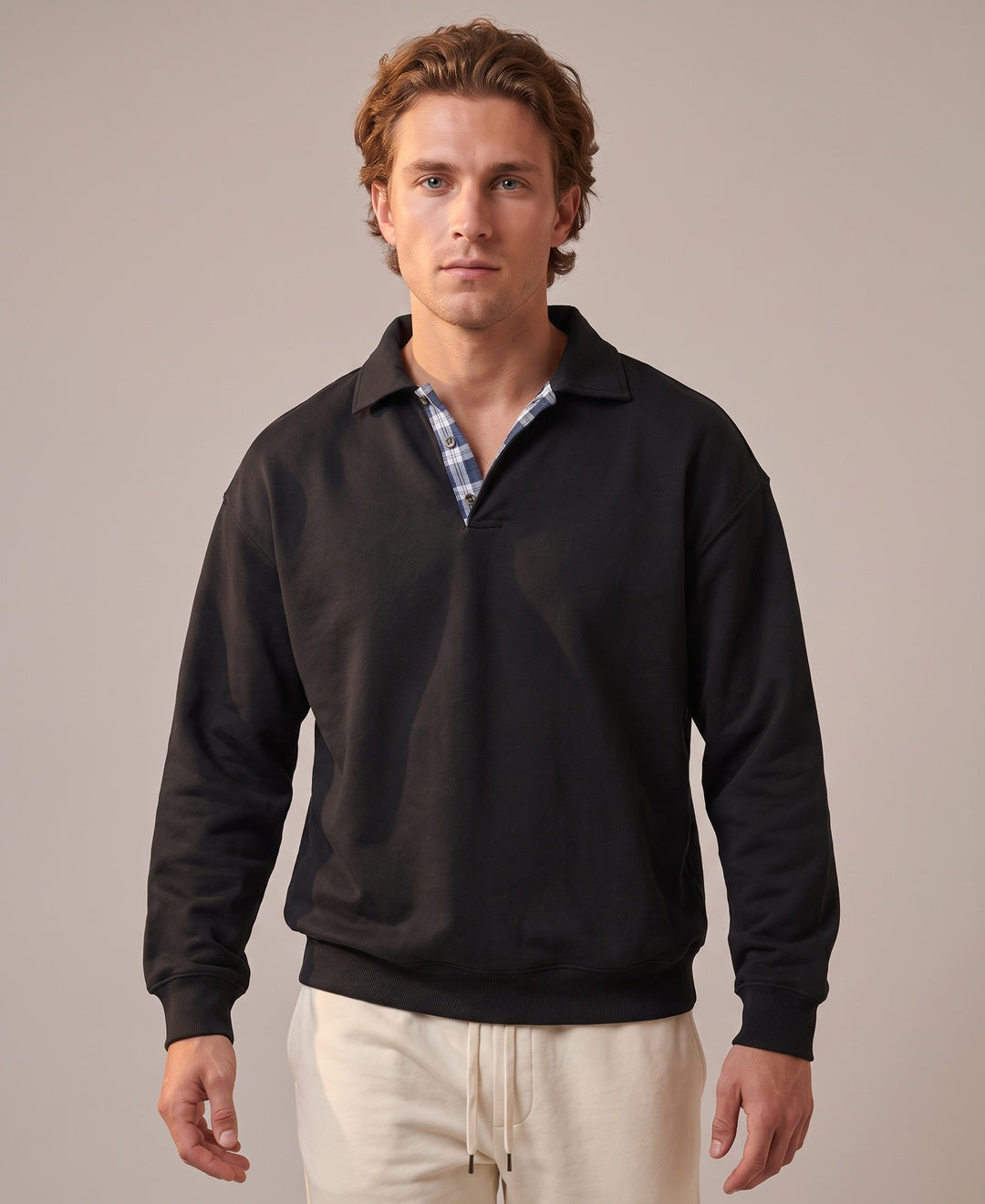 Men's black collared sweatshirt, front view