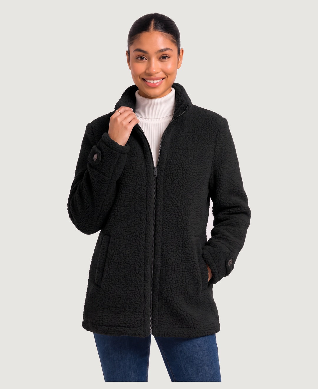 Women's sherpa fleece zip jacket in black, front view