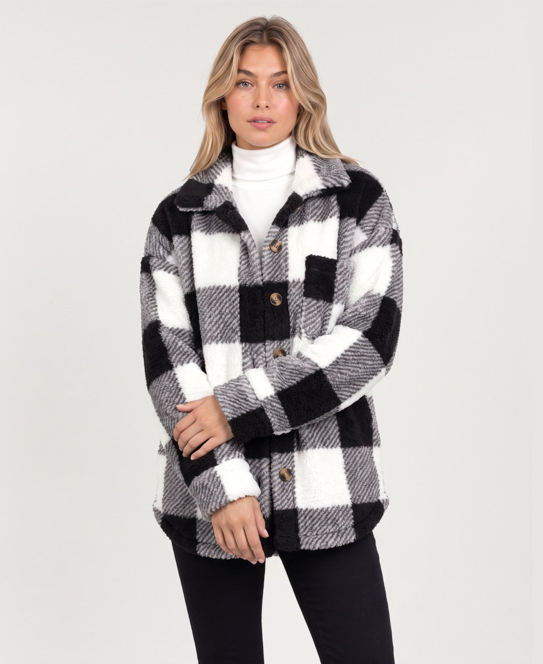 Women's check fleece shirt jacket in black, front view