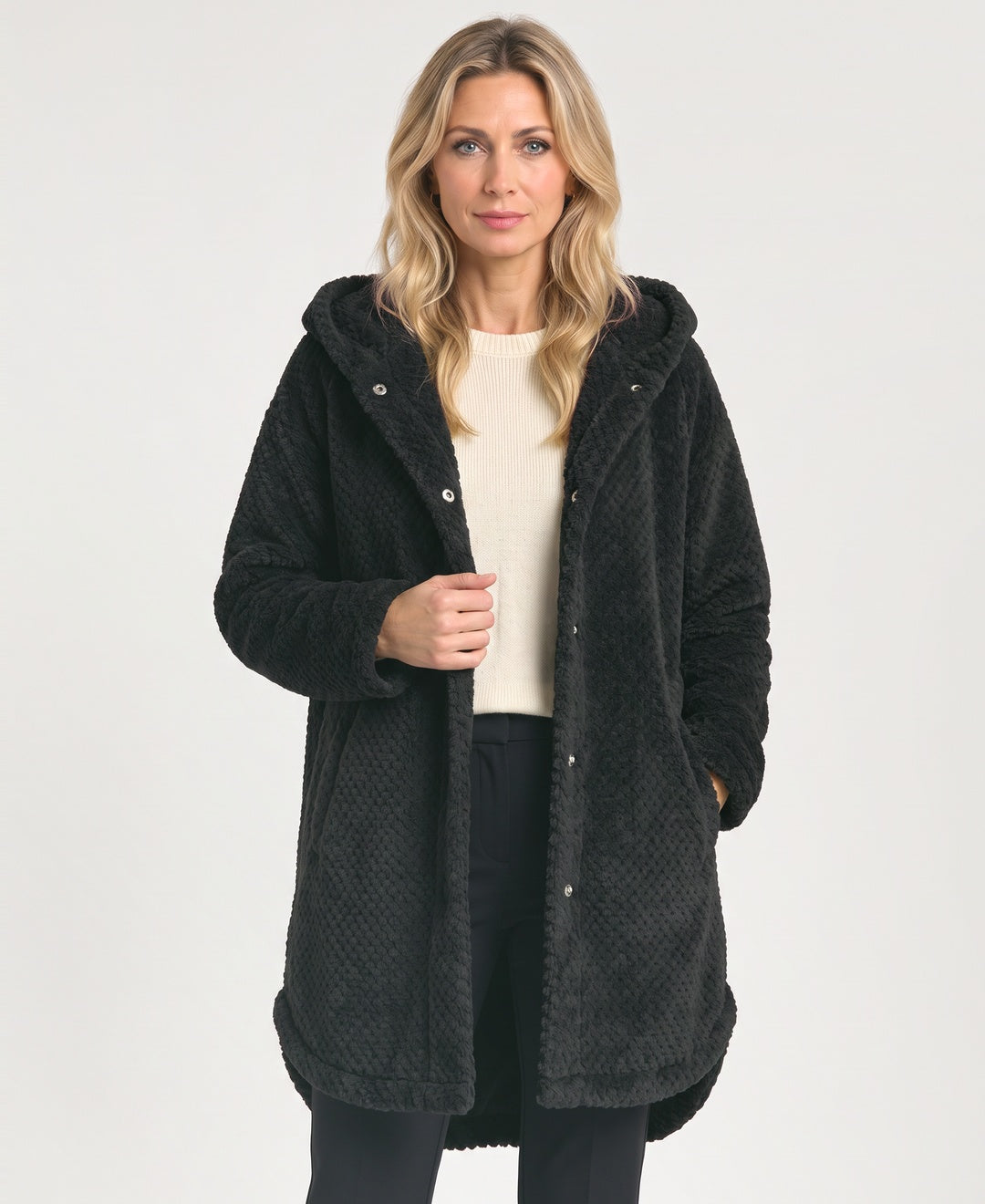 Hooded Waffle Fleece Teddy Coat Snap Buttons Curved Hem black front view