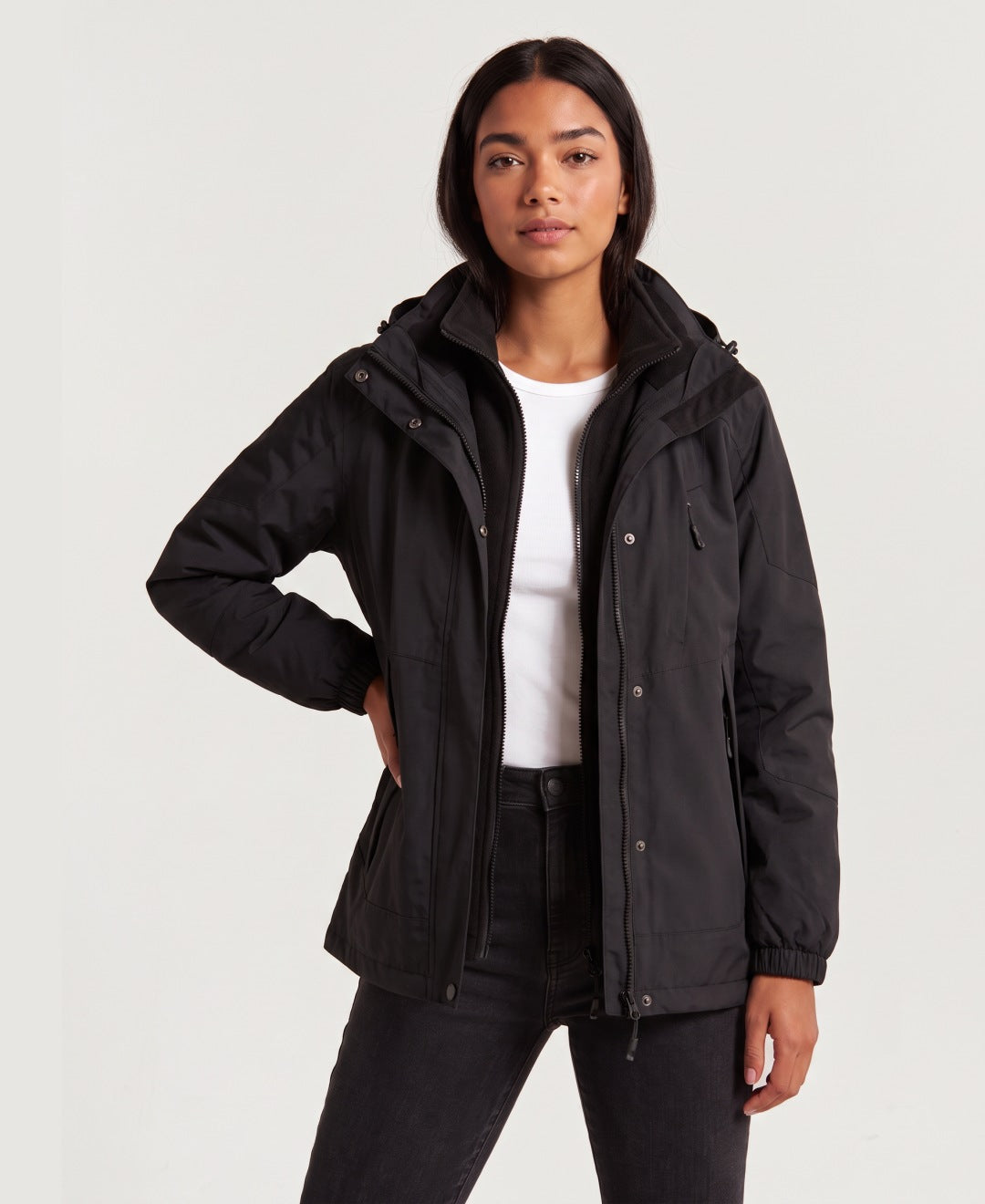 Women's 3-in-1 hooded outdoor jacket with fleece liner in black, front view