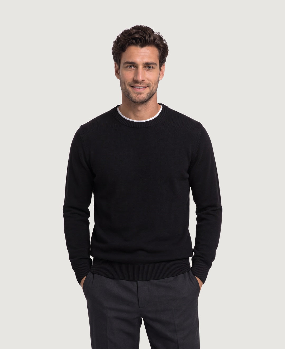 Men's soft knit crew neck jumper in black, front view
