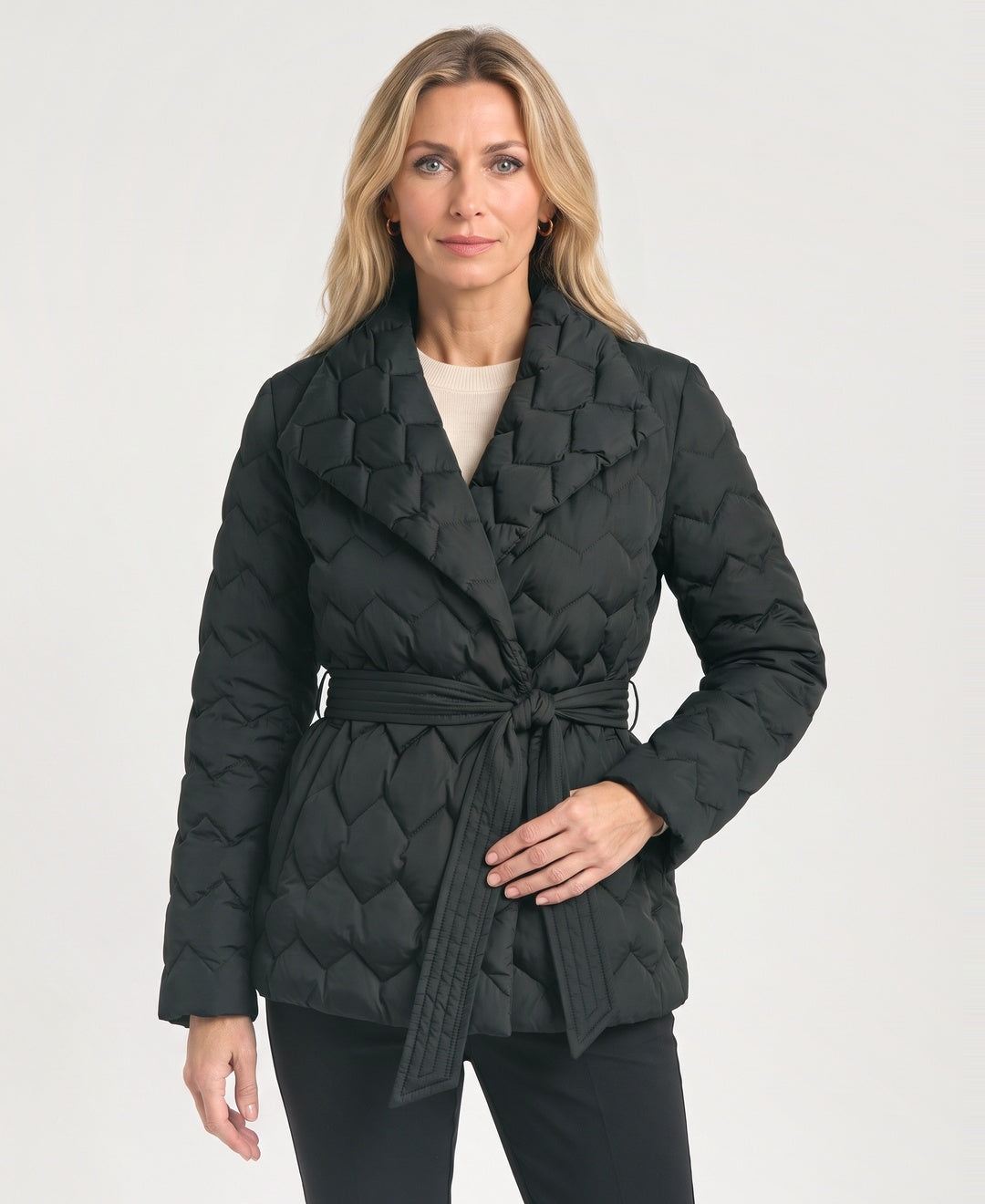 Belted Quilted Jacket Shawl Collar Chevron Quilting black front view