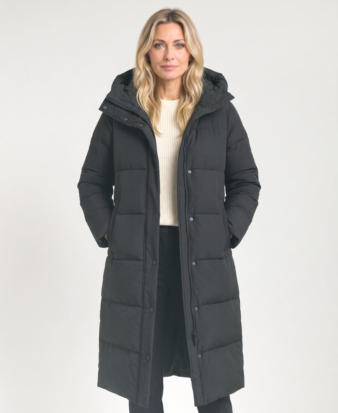 Long Hooded Puffer Coat Horizontal Quilting Stand Collar black front view