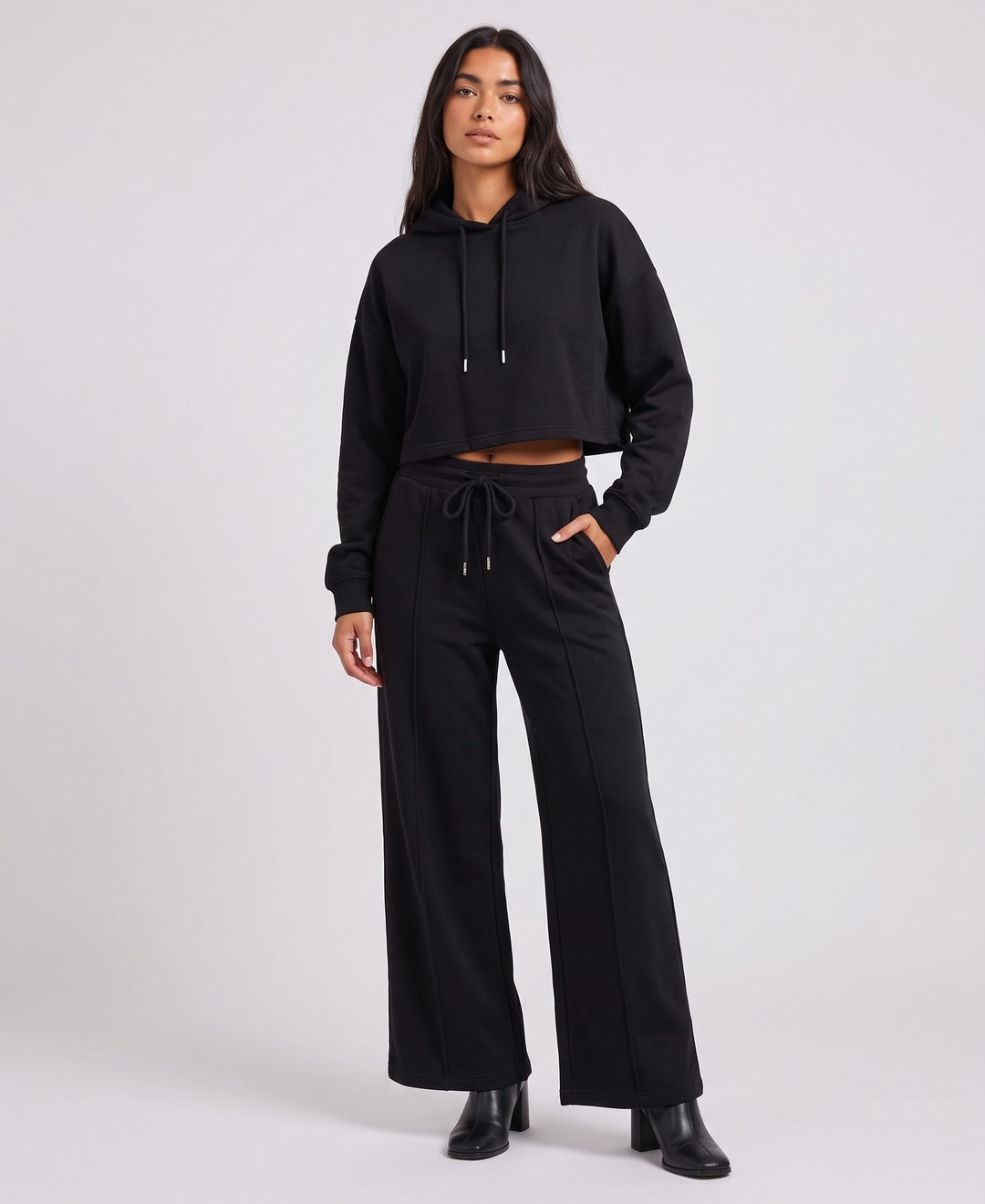 Nova Hoodie Set in Black, front view