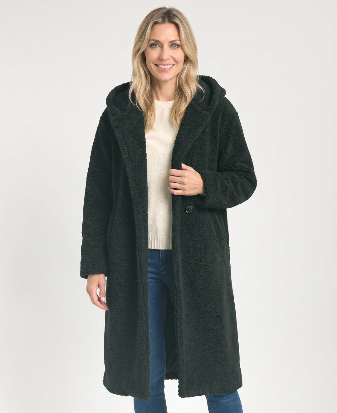 Long Hooded Teddy Sherpa Coat Open Front Pockets black front view