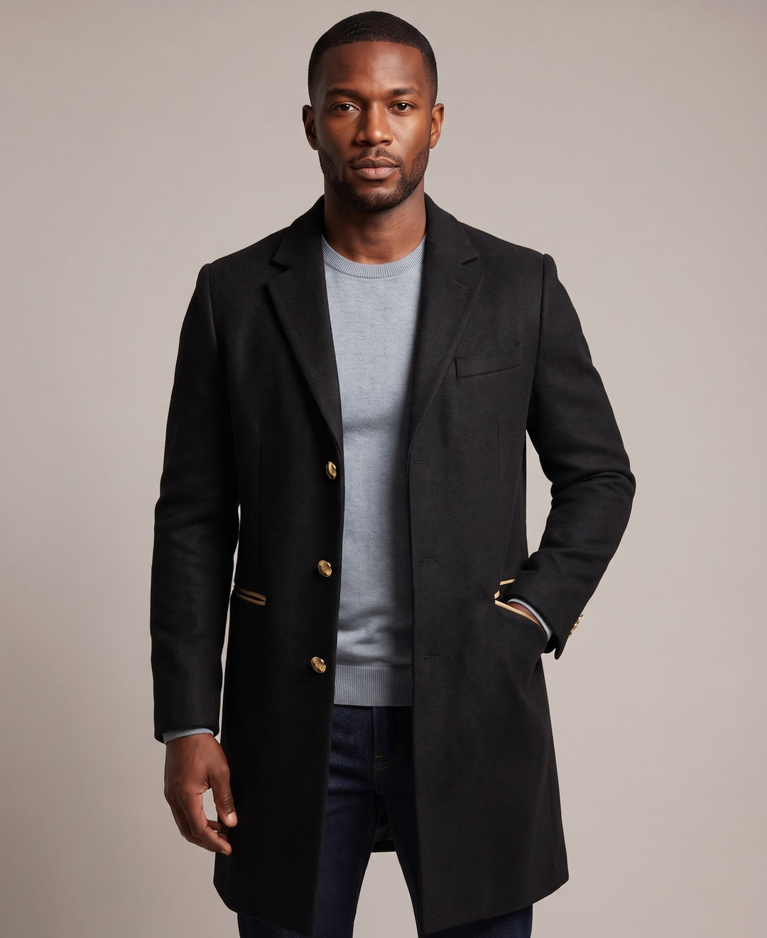 Men's black overcoat, front view