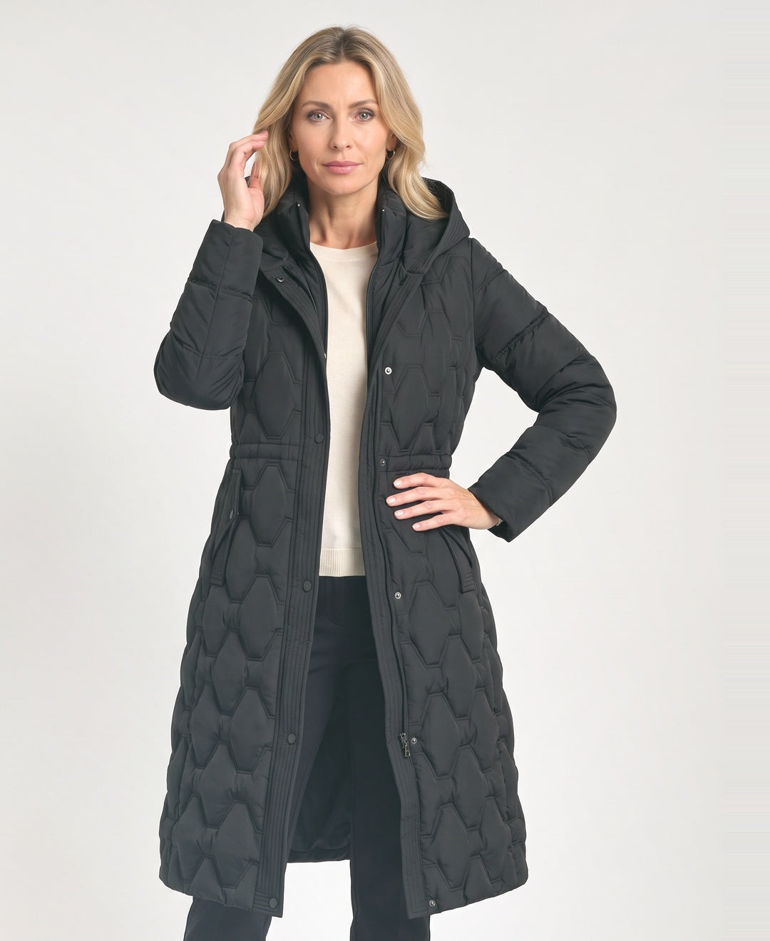 Long Hexagon Quilted Puffer Coat Hood Fitted Waist black front view