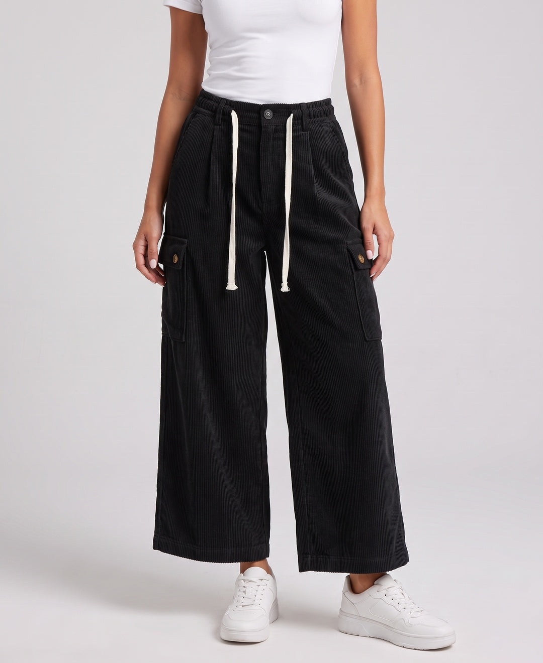 Rhea Trousers in Black corduroy, front view