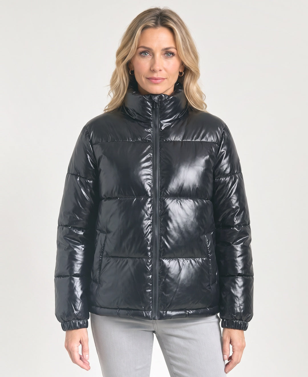 Glossy Metallic Puffer Jacket Stand Collar Zip Front black front view