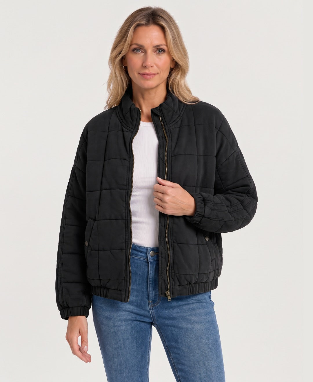 Women's quilted zip-up jacket black front view