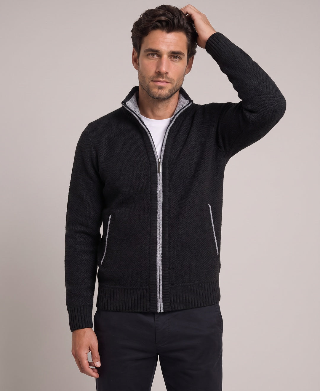Men's black zip cardigan, front view