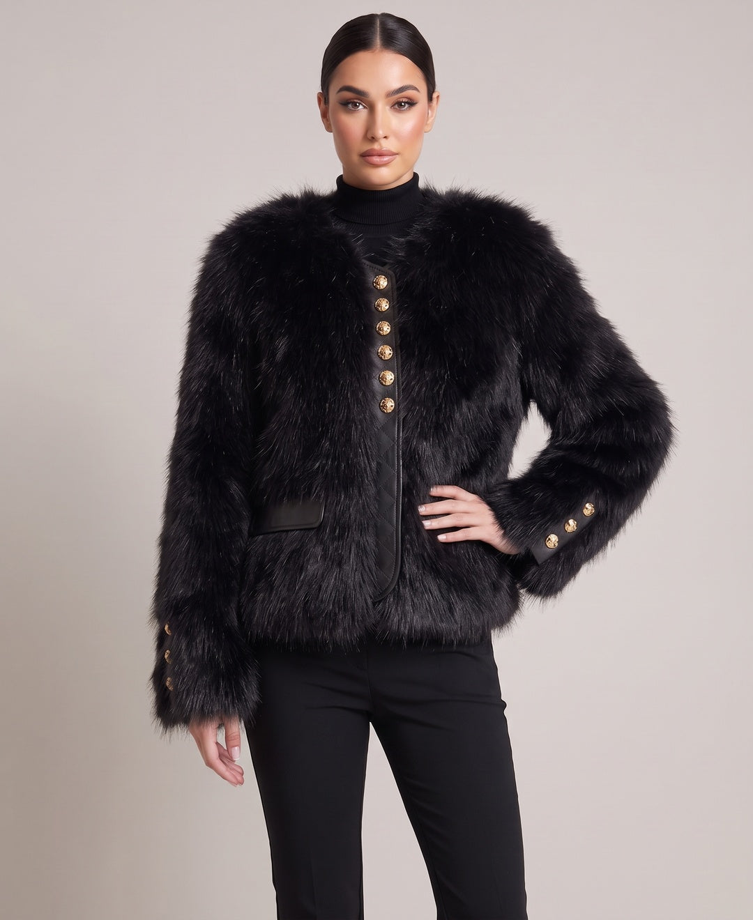 Women's cropped faux fur jacket in black, front view