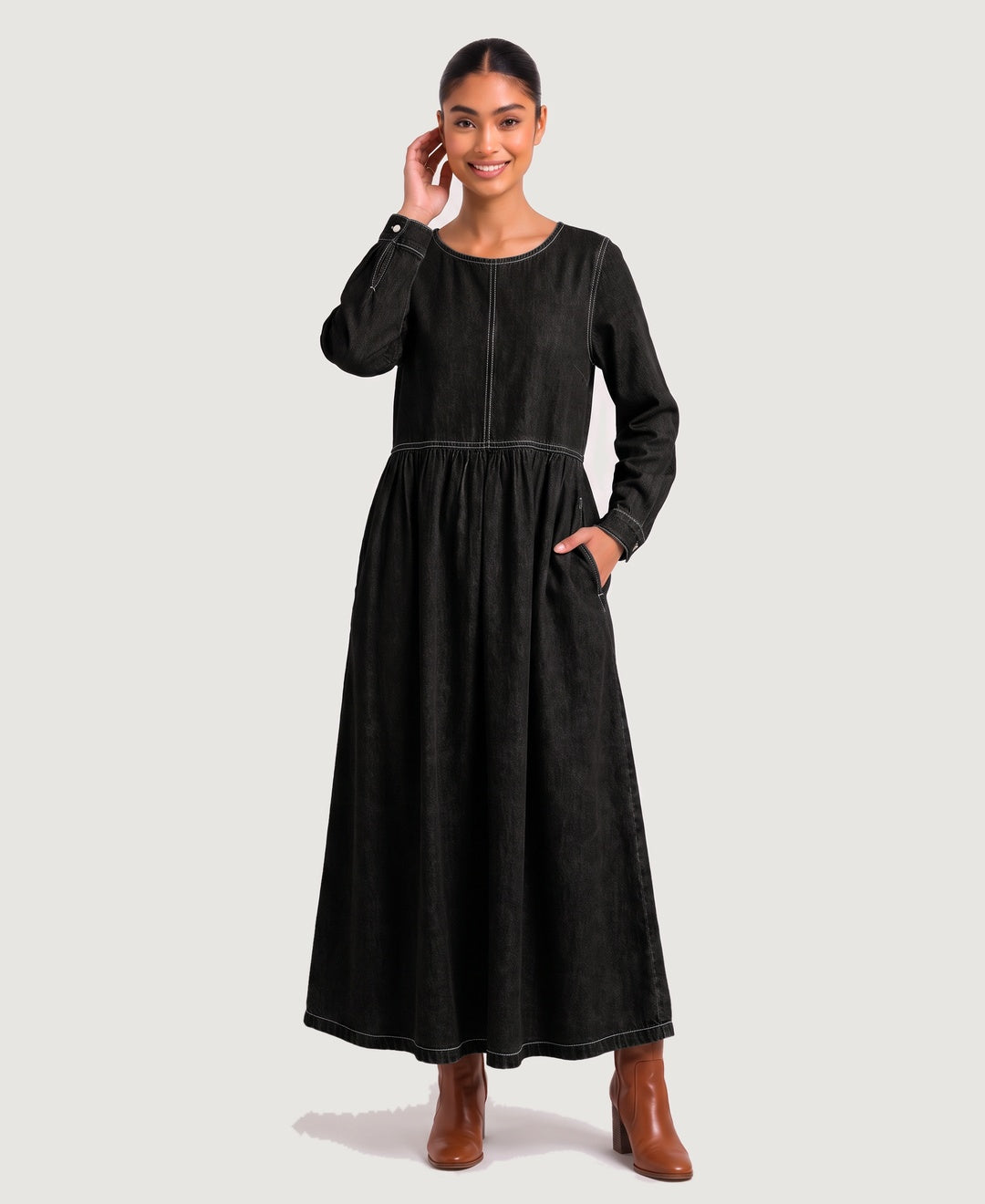 Women's long sleeve denim maxi dress in black, front view