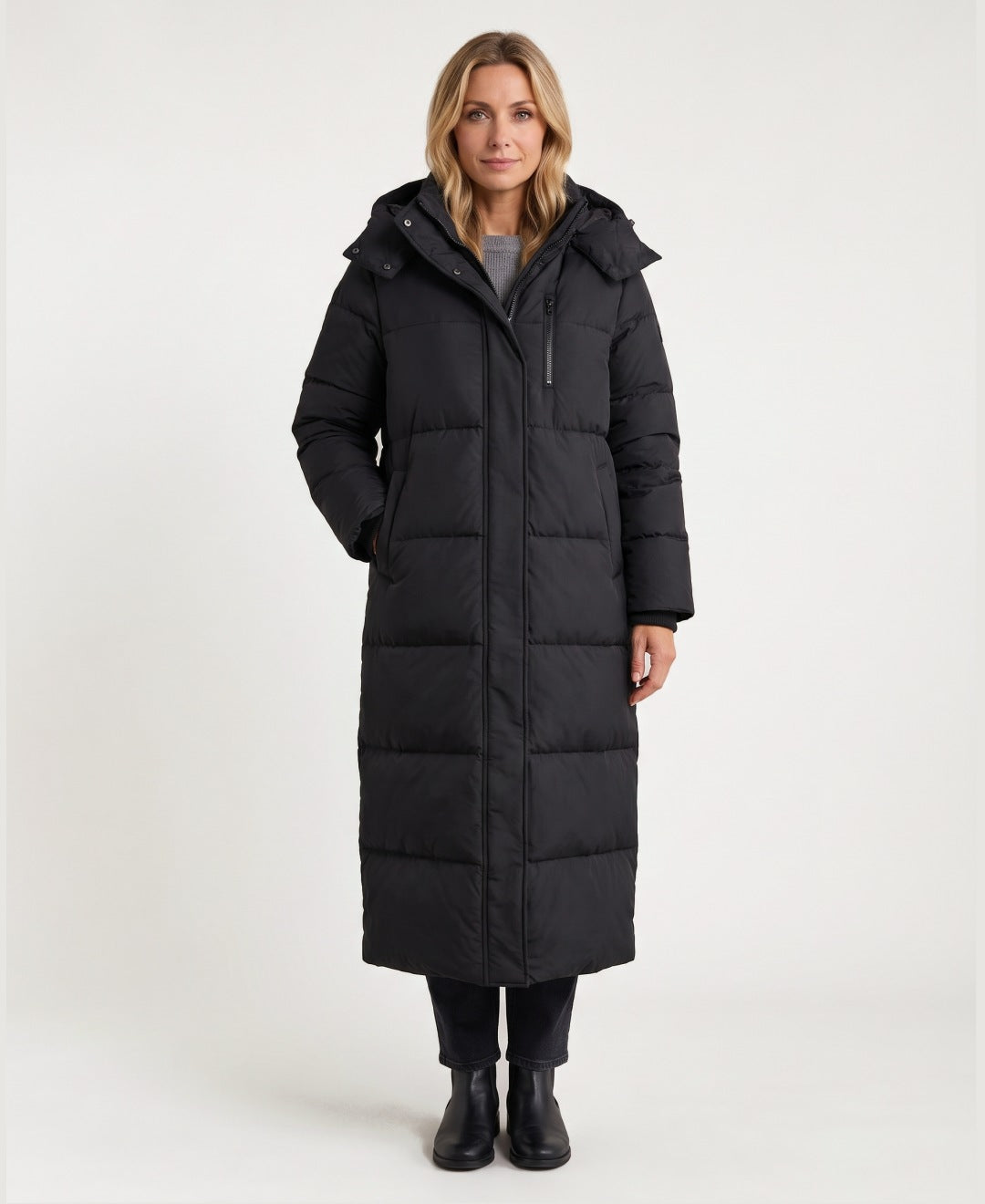 Women's long hooded puffer coat black front view