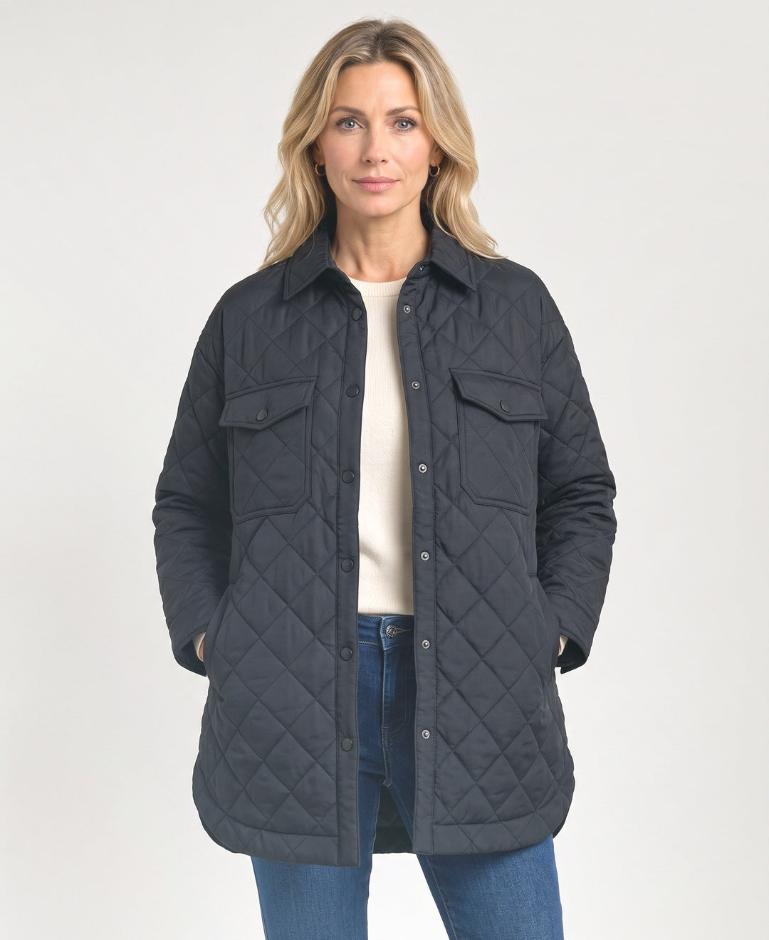Oversized Quilted Shirt Jacket Snap Front Flap Pockets black front view