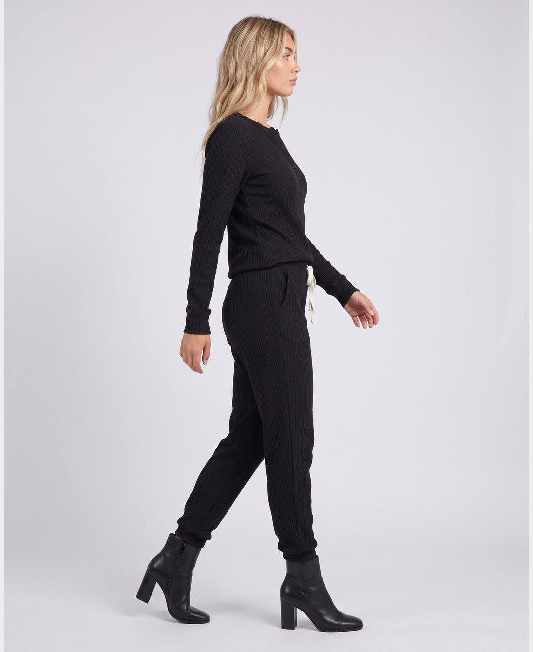Brenda Waffle Henley Set in Black, side view