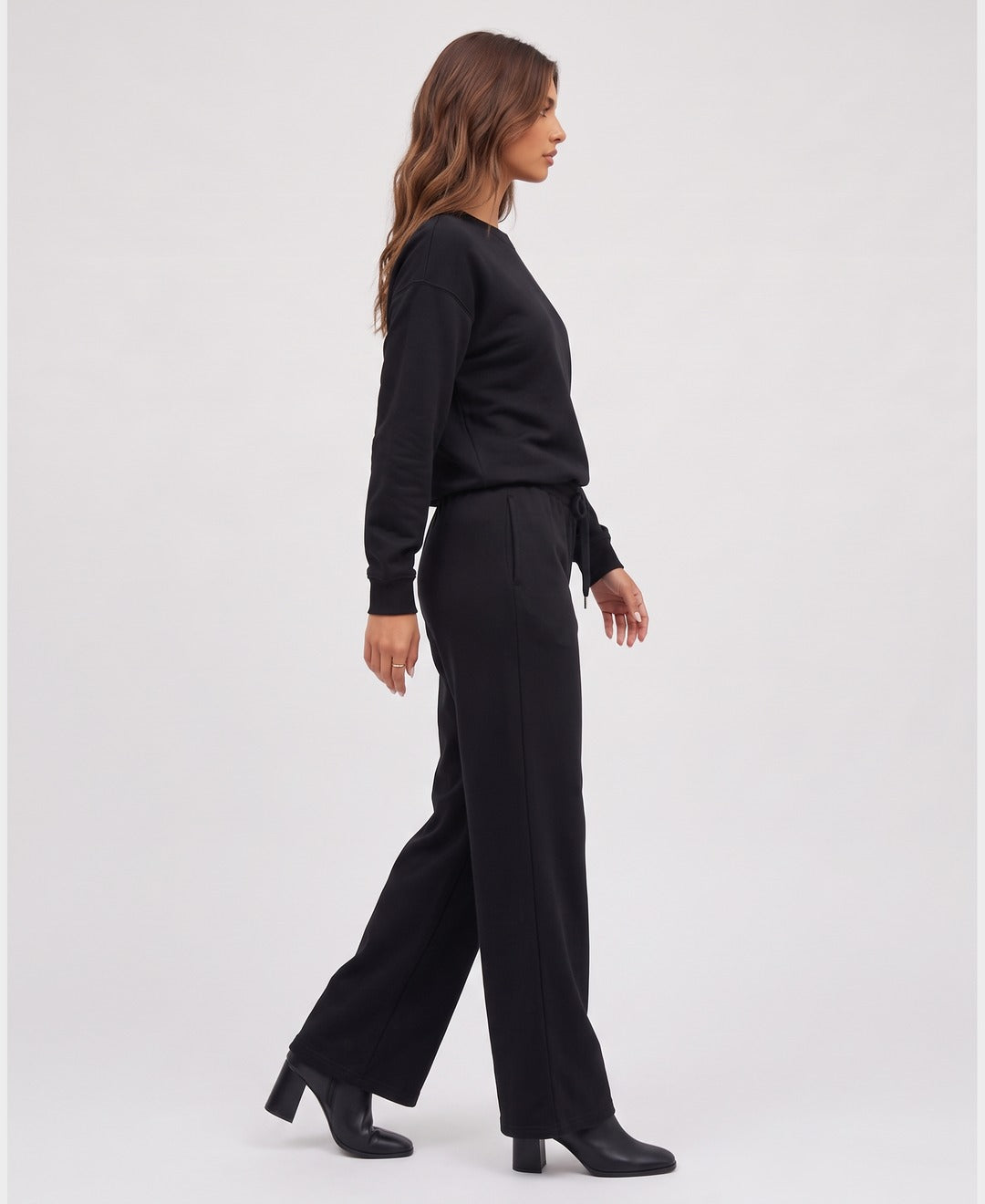 Senna Crewneck Lounge Set in Black, side view