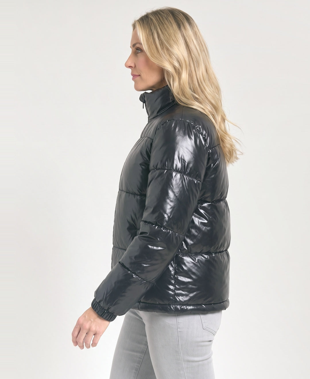Glossy Metallic Puffer Jacket Stand Collar Zip Front black side view