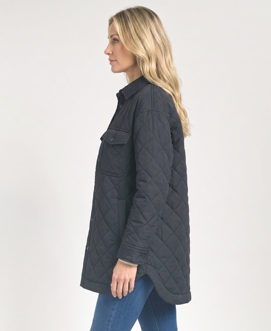 Oversized Quilted Shirt Jacket Snap Front Flap Pockets black side view