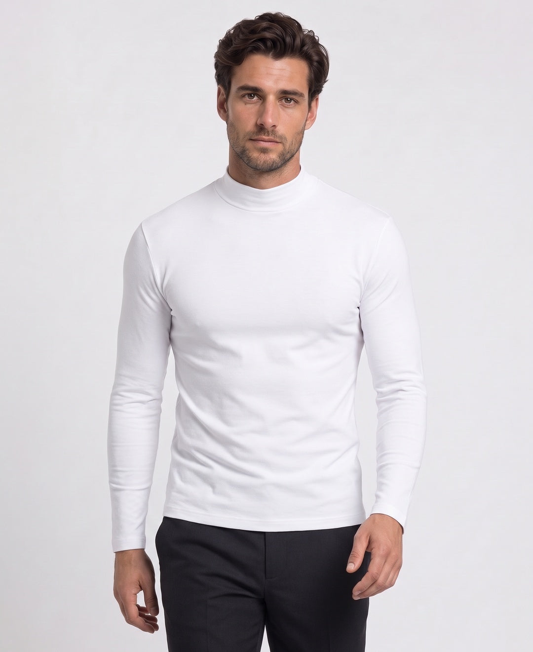 Men's thermal mock-neck base layer top in white, front view