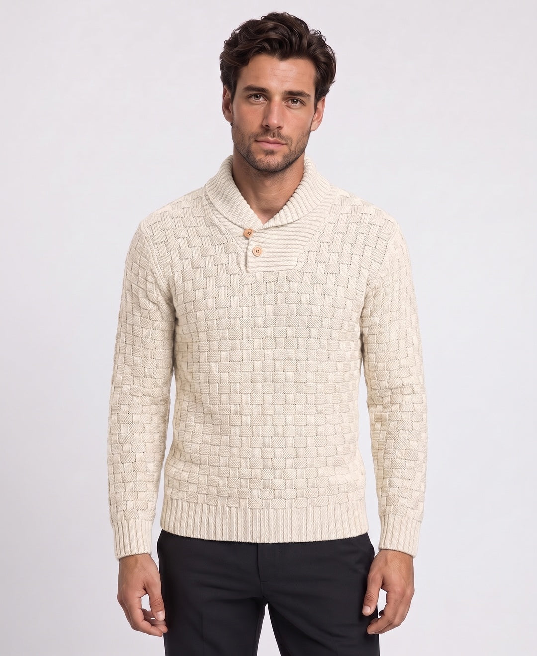 Men's chunky shawl-collar knit sweater in off-white, front view