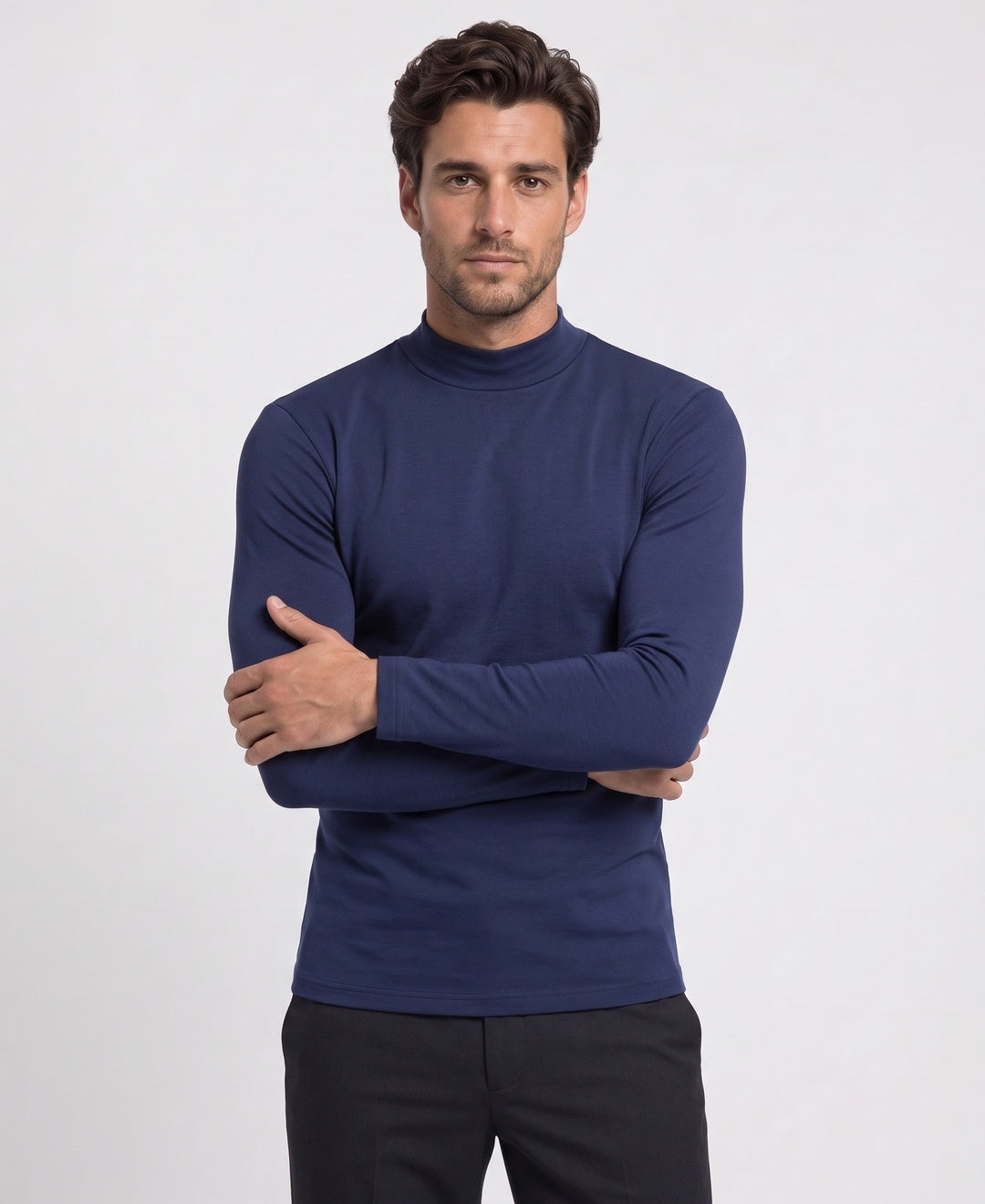 Men's thermal mock-neck base layer top in navy blue, front view