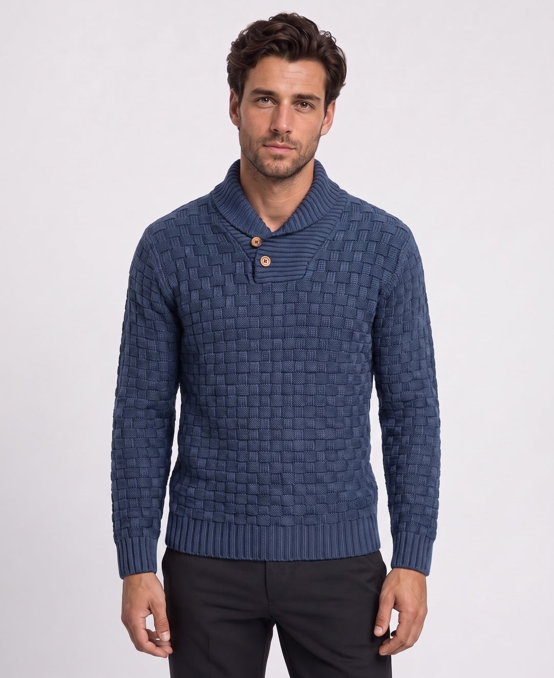 Men's chunky shawl-collar knit sweater in denim blue, front view