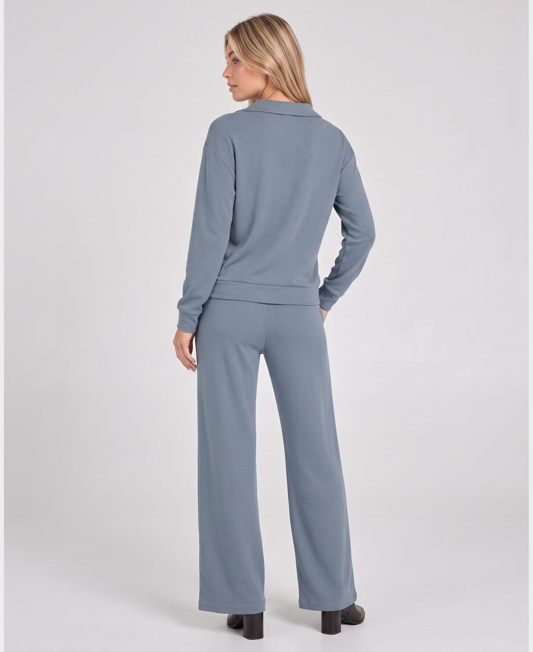Marcelline Collared Lounge Set in Dusty Blue, back view