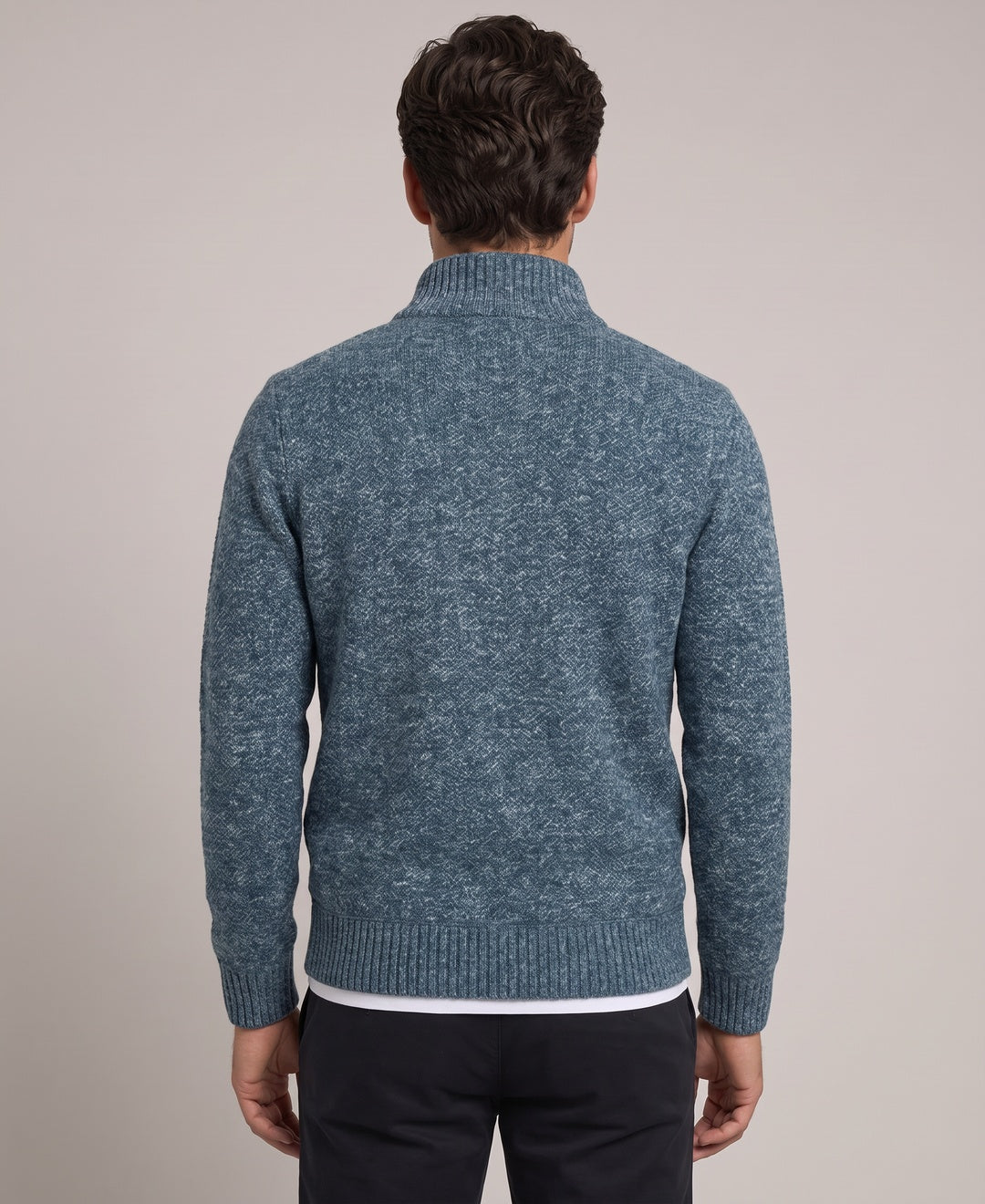 Men's blue zip cardigan, back view