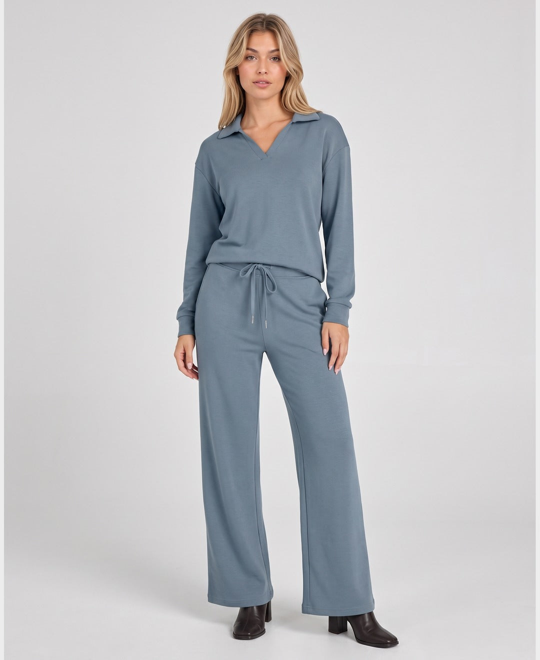 Marcelline Collared Lounge Set in Dusty Blue, front view