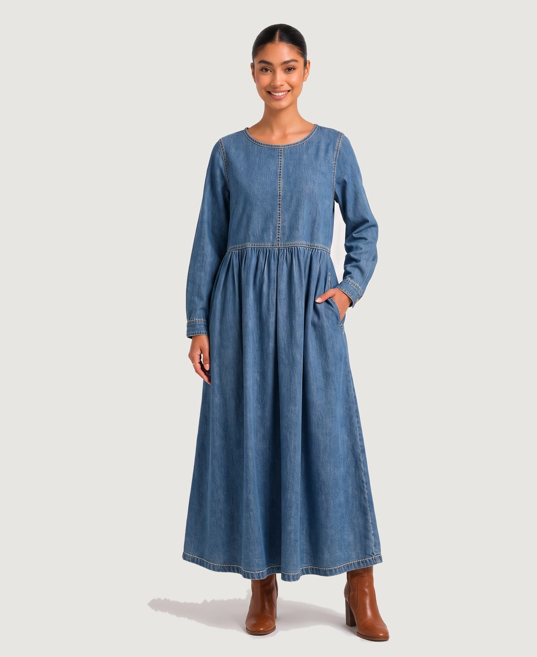 Women's long sleeve denim maxi dress in blue, front view
