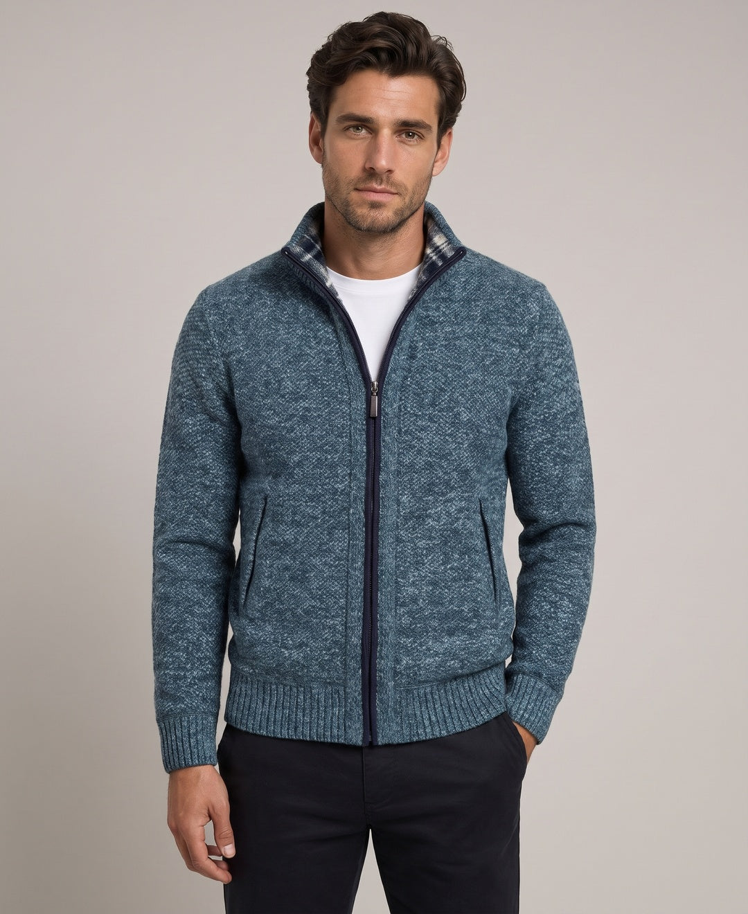 Men's blue zip cardigan, front view