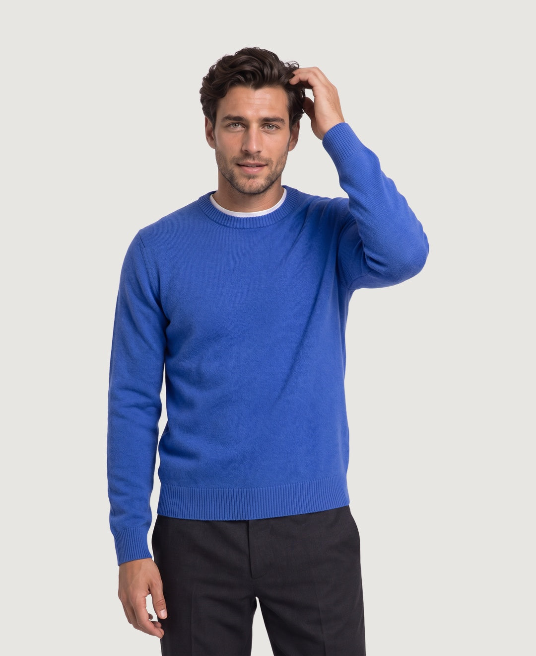 Men's soft knit crew neck jumper in blue, front view