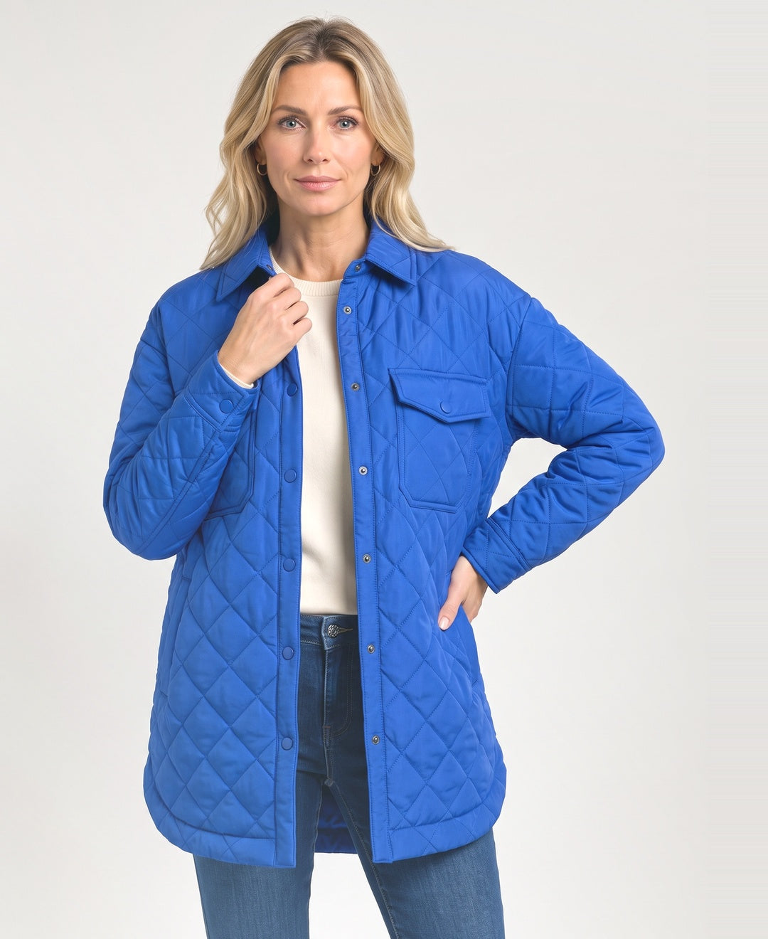 Oversized Quilted Shirt Jacket Snap Front Flap Pockets blue front view