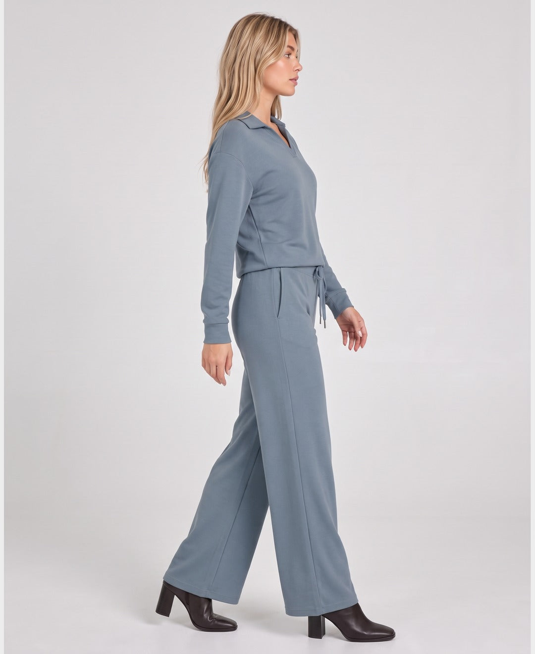 Marcelline Collared Lounge Set in Dusty Blue, side view