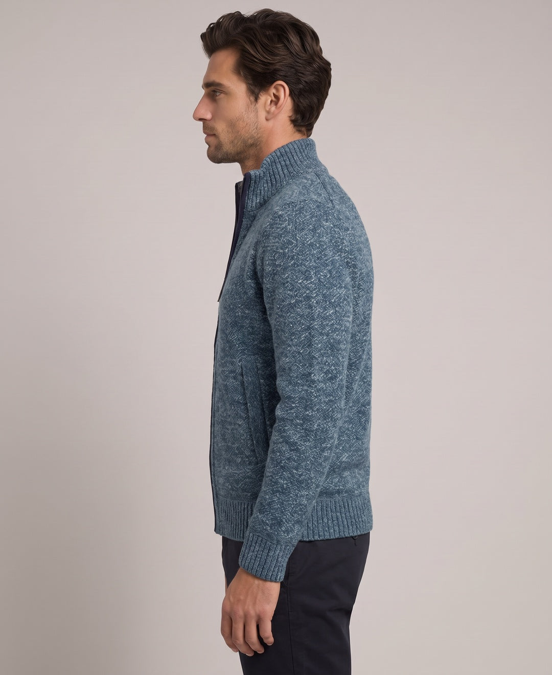 Men's blue zip cardigan, side view