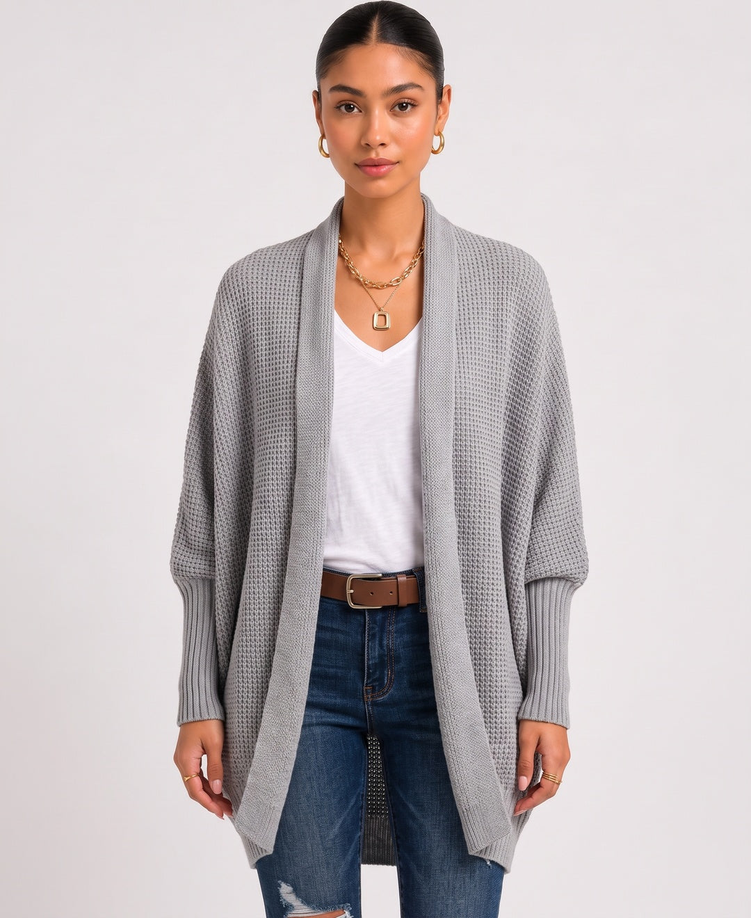 Romy Batwing Cardigan in Grey, front view