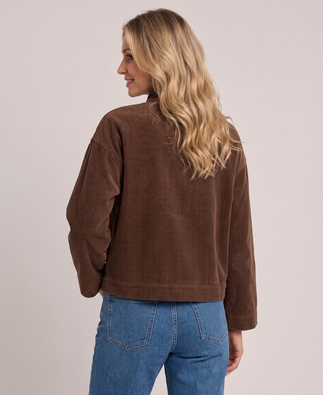 Women's Corduroy Shirt Jacket Flap Pockets Stand Collar in Brown, back view