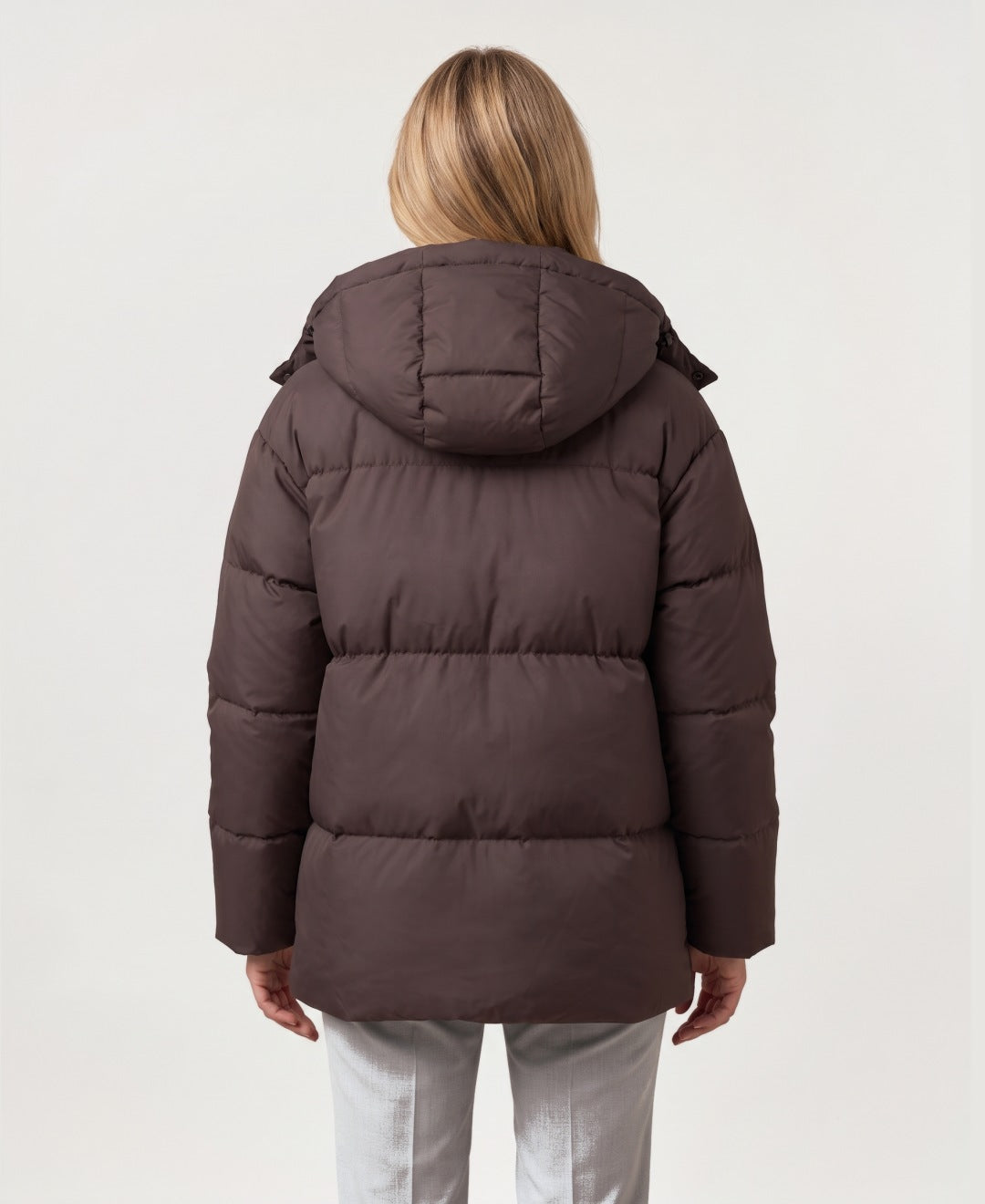 Women's oversized hooded puffer jacket brown back view