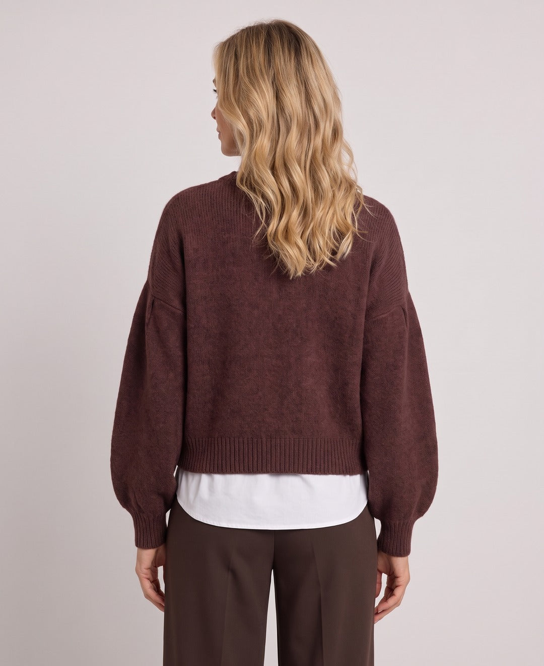 Women's Balloon Sleeve Cropped Knit Jumper Crew Neck in Brown, back view