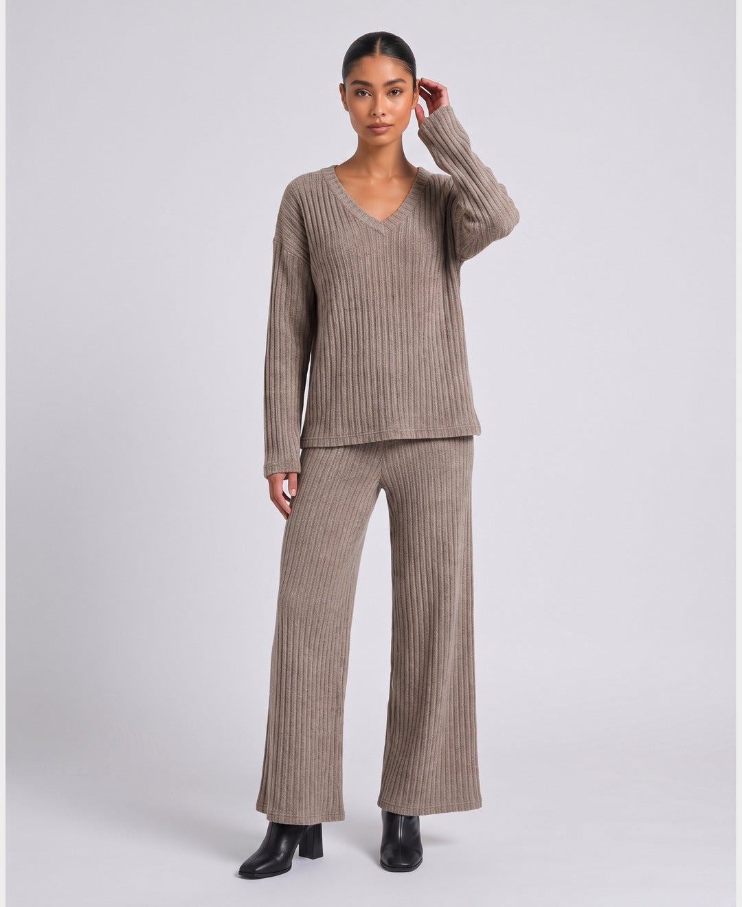 Elise Ribbed Knit Set in Brown, front view