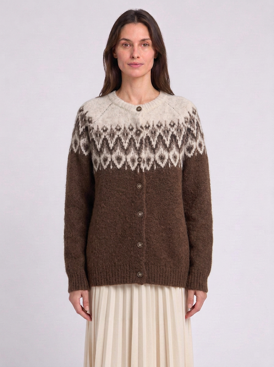 Fair Isle Yoke Round Neck Button Cardigan, brown Fair Isle cardigan, front view
