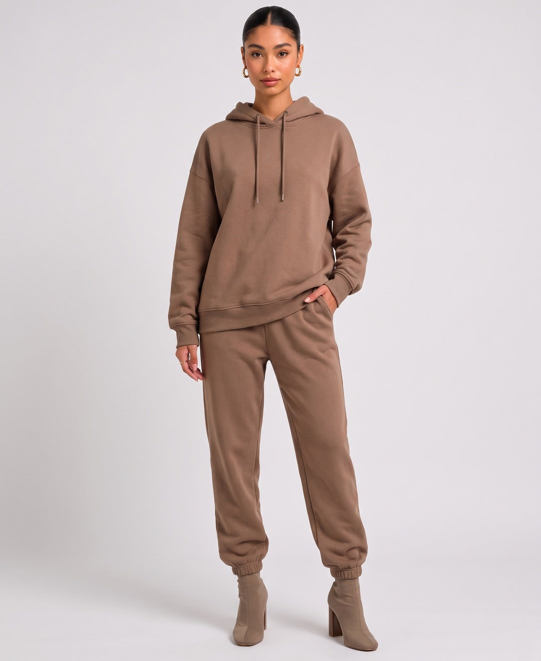 Esme Hoodie Jogger Set in Brown, front view