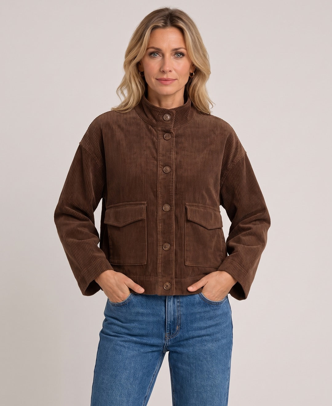Women's Corduroy Shirt Jacket Flap Pockets Stand Collar in Brown, front view