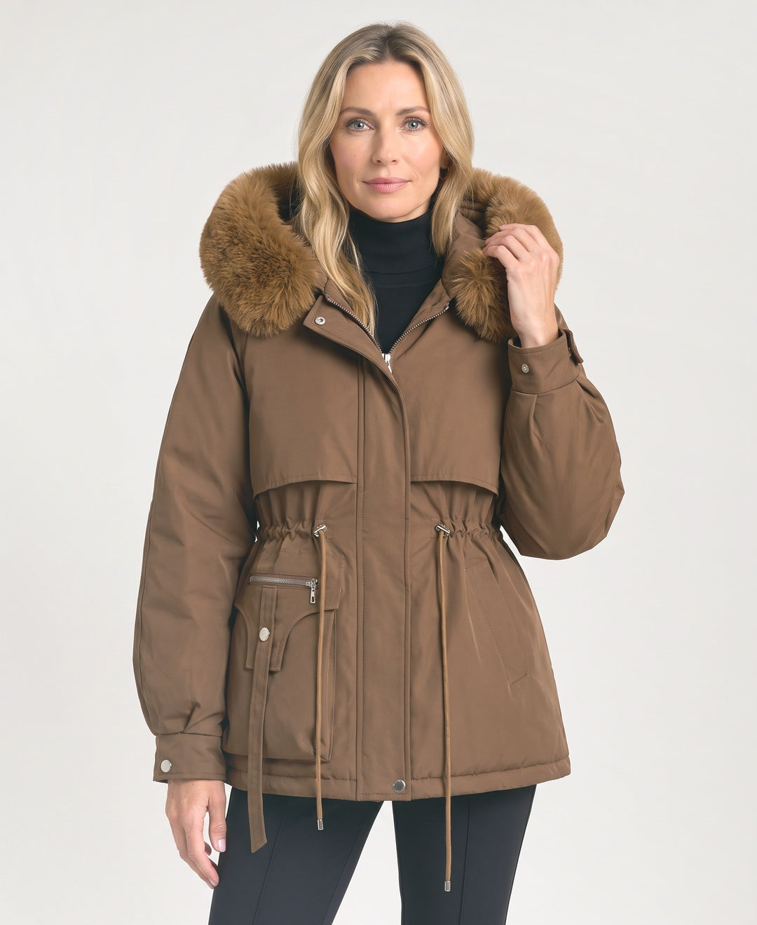 Short Hooded Parka Faux Fur Trim Drawstring Waist brown front view