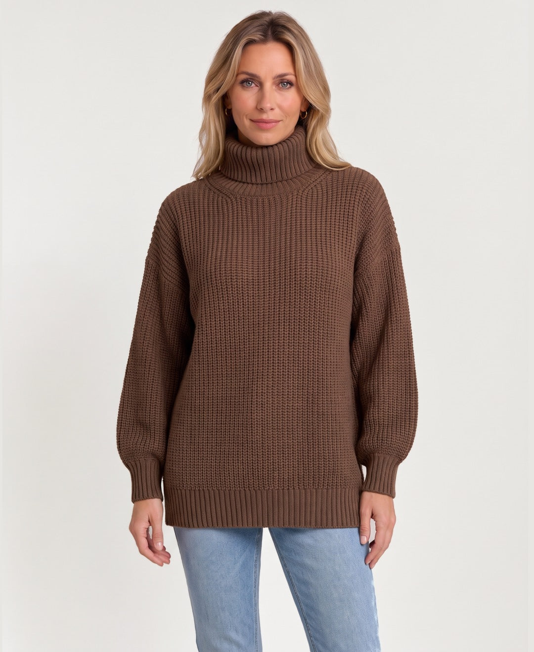 Women's chunky rib knit roll neck jumper brown front view