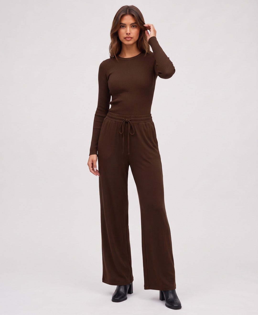 Marisol Rib Set in Brown, front view