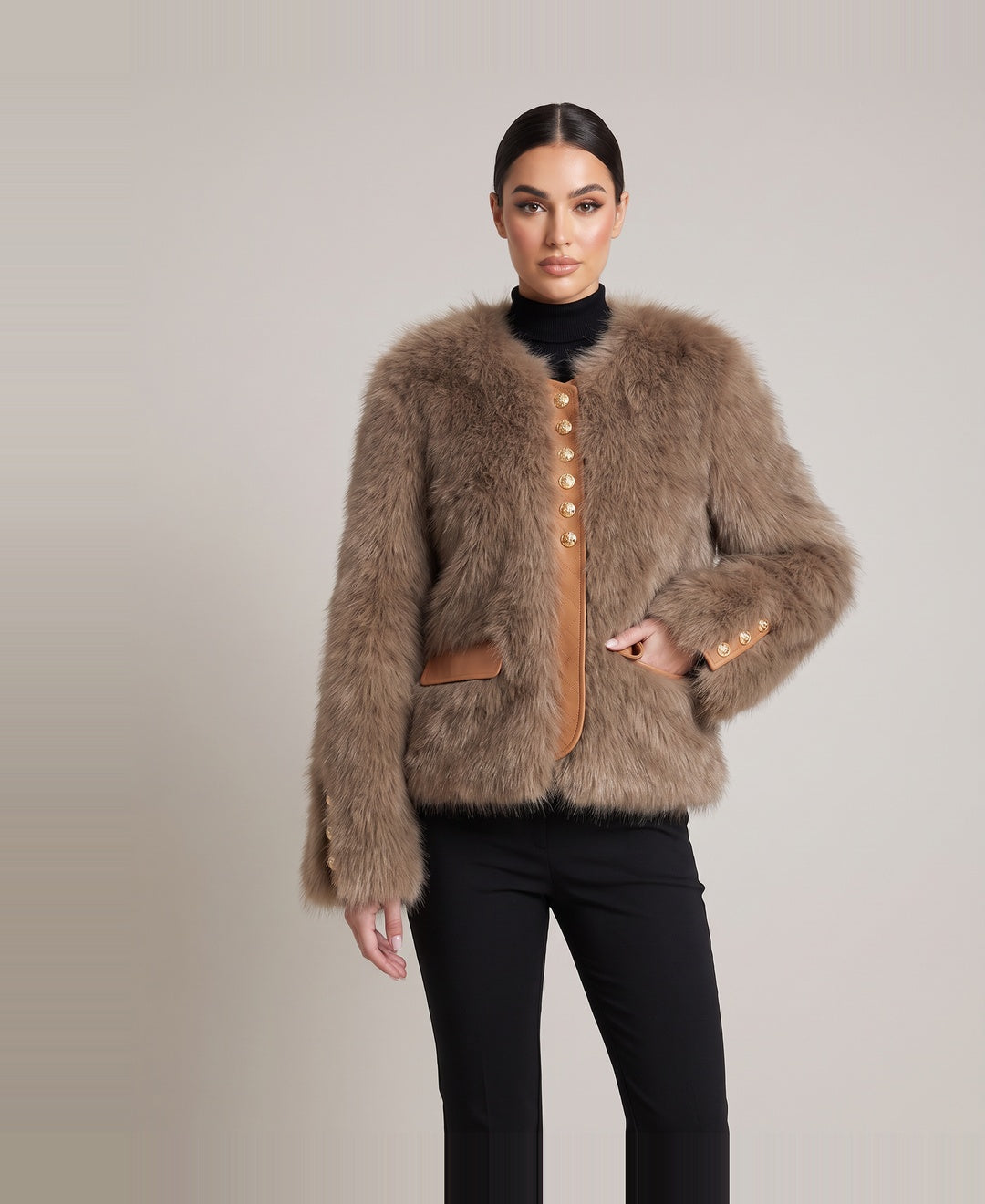 Women's cropped faux fur jacket in brown, front view